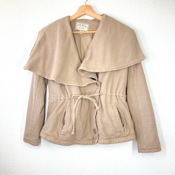 Lucky Brand Woven Jacket XS Shawl Tie Waist Tan Minimalist lightweight cotton - Picture 3 of 16